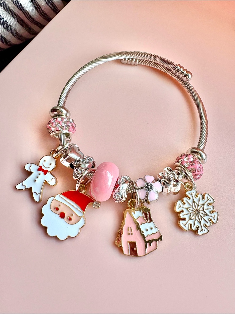 Pink and Silver Christmas Charm Bracelet